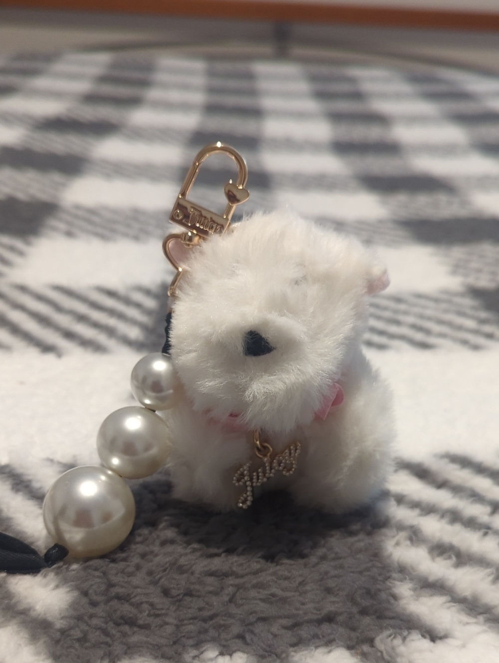 Juicy Couture White Plush Puppy Keychain Charm with Pearl Accents
